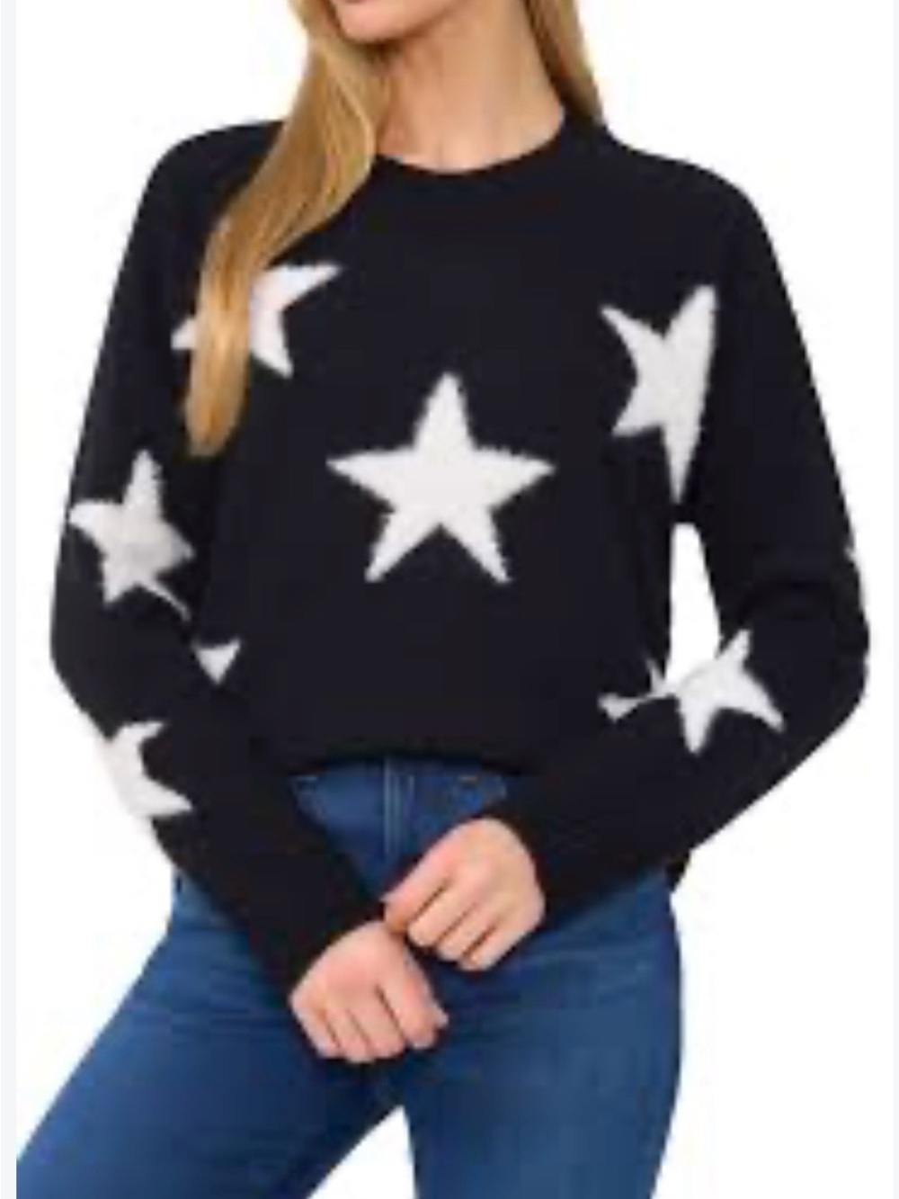 CeCe Black Crewneck Sweater with White Eyelash Stars Women’s Large